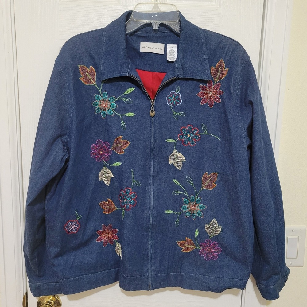 Alfred Dunner Jacket Size 16 Blue Denim Floral Embroidered Zip Up Medium Wash